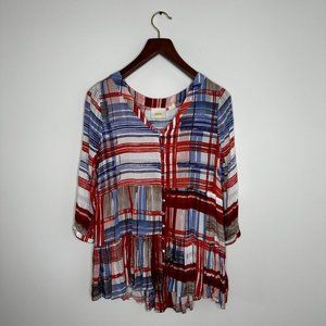 Anthropologie Maeve Plaid Peplum Button Down 3/4 Sleeve Blouse Top